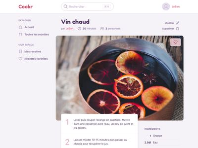 Screenshot of a Cookr recipe page for mulled wine, embedding a large picture of wine in a pan with orange slices, surrounded by the ingredients and steps.