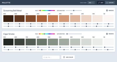 Screenshot of the tool showing two color palettes, each displaying 10 shades with sliders to adjust the saturation and lightness.